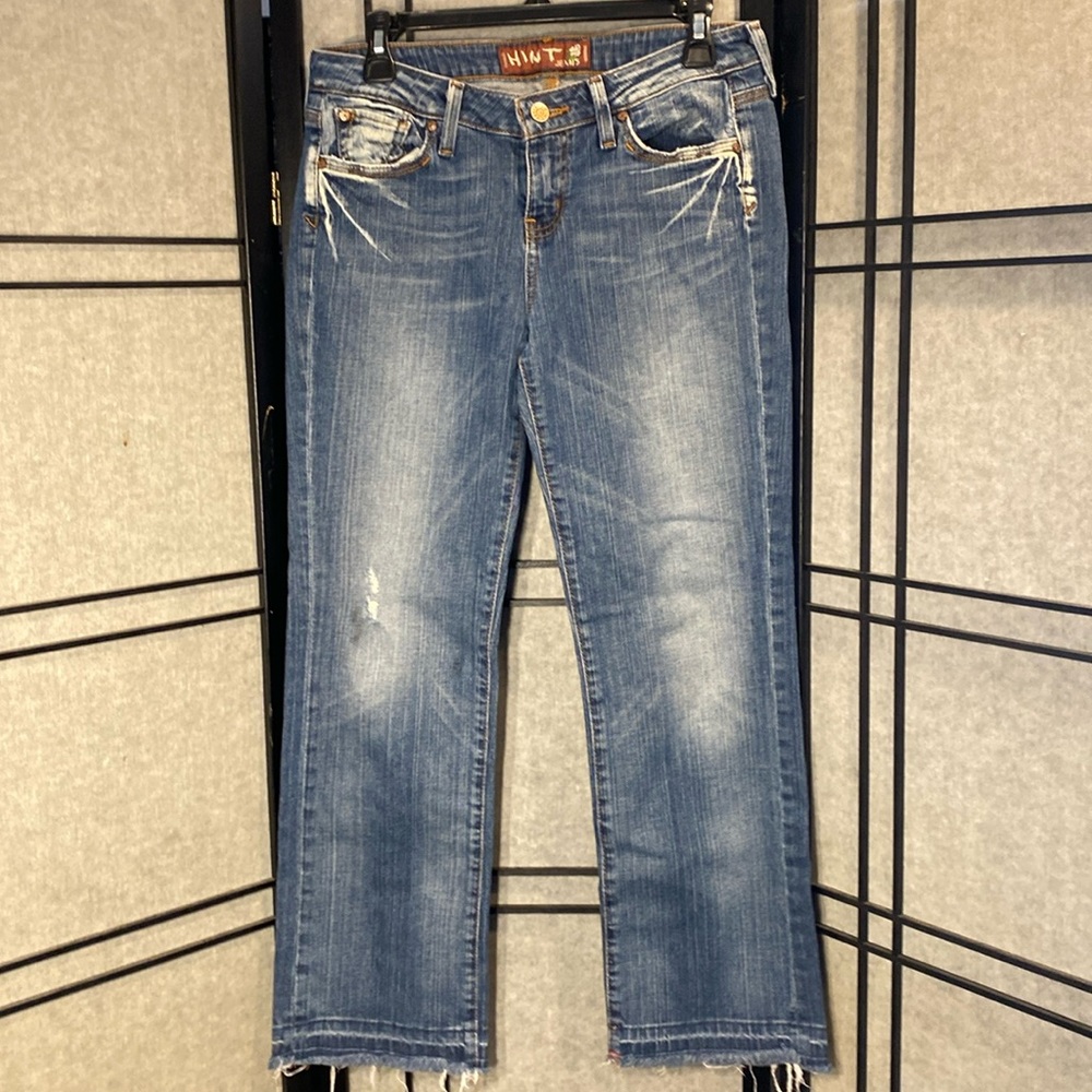 HINT jeans size 7 raw hem dark denim boot cut